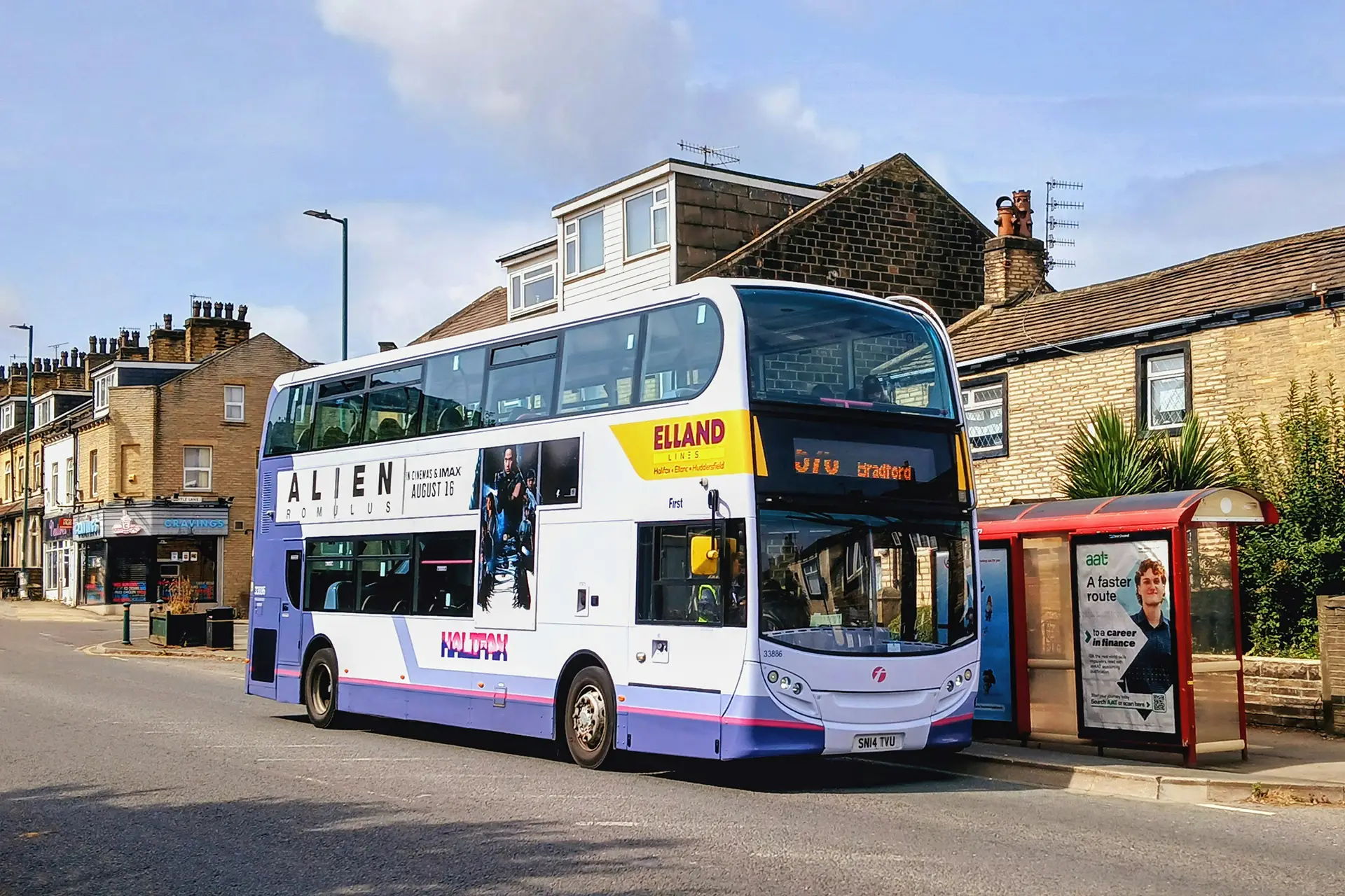 Bus at bus stop, travelling to Bradford city centre